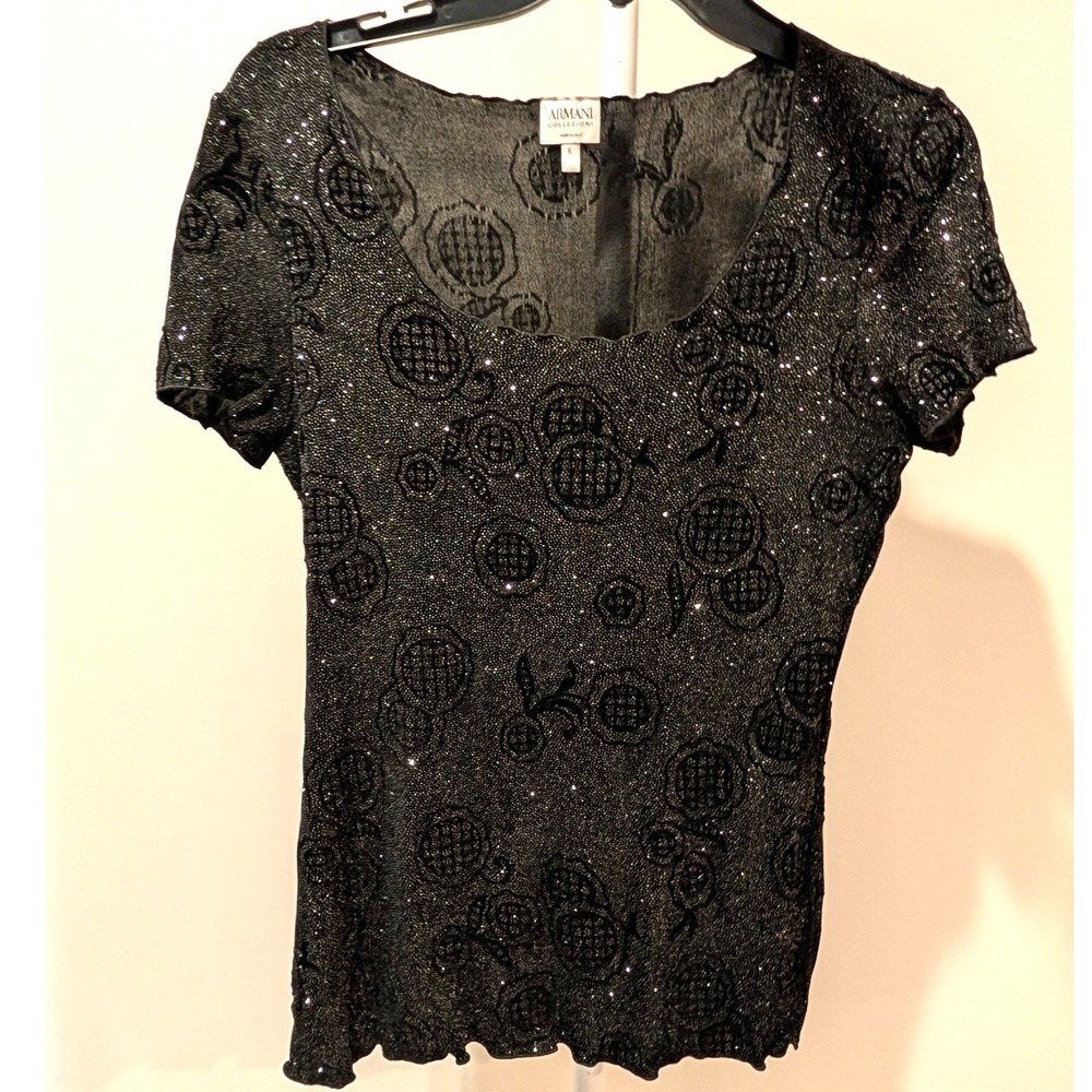 Armani Collezioni Black Beaded Sparkle Floral Short Sleeve Top Italy Size 6
